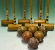Croquet – 6x F H Ayres croquet mallets with round handles and 6x smooth wooden balls from single
