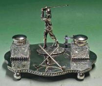 Fine silver plated golfing inkwell desk set c. 1895 – comprising Vic golfer at the top of his