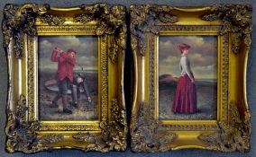 Pair of modern oleograph style Vic golfing scenes – comprising a red jacketed gentleman golfer