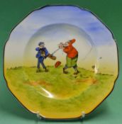 A Crown Ducal Golfing plate with humorous hand painted golfing scene of a golfer and his caddy – 2 x