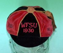 1930 WFSU (New Zealand) Rugby cap – six panel black and red velvet cap with embroidered dates 1931