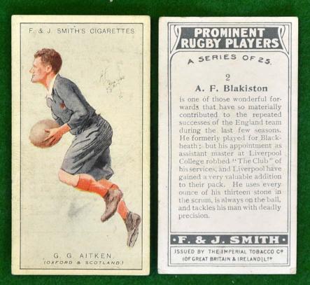 1924 Prominent Rugby Players cigarette cards (F & J Smith) – a complete set of 25 cards.