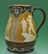 Fine Doulton Lambeth medium size stoneware pitcher circa 1900– decorated in relief with 3x golfing