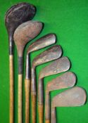 Left hand set of 5x irons and 2x large headed woods (7) to incl smf round backed long iron, Condie