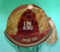 1958-59 I.W. “A” XV Rugby cap – possibly Isle of Wight. Six panel red and gold velvet cap with