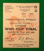 1942 War Cup Final Ticket: Portsmouth v Brentford played at Wembley 30th May, over stamped ‘New