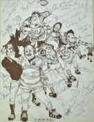 Caricatures print of a Rugby line-out autographed by 30 Welsh internationals including Bryn
