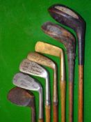 Half set of 4 irons, 2 woods and brass stamped putter (7) – to incl J H Taylor autograph jigger, a