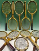 Collection of 10x various wooden concave tennis rackets from 1910 onwards – incl a late fishtail (