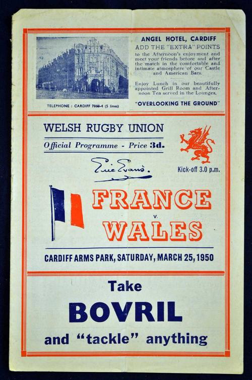 1950 Wales v France Rugby programme – played at Cardiff Arms Park on 25th March (21-0) some minor