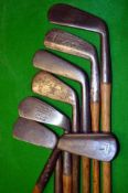 7x various irons incl fine Spalding Golf Medal driving mashie, 2x J H Taylor smf mid iron and a