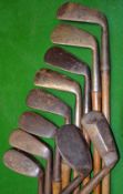 10x assorted irons from a cleek to niblick – all with replaced hide/leather grips – great mixed