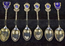 6x Silver and enamel golfing tea spoons to incl 2x scarce Singapore Island Golf Club spoons with