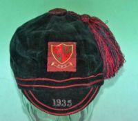 1930 F XV Rugby cap – six panel dark green velvet cap with red and green hand sewn silk crest,