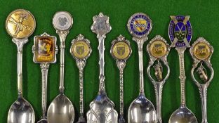 10x various silver plated, enamel and celluloid golfing teaspoons to include East Kilbride Golf