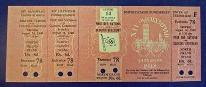 1948 London Olympic Games Opening Ceremony Official Ticket: Un-used example of the ticket Saturday