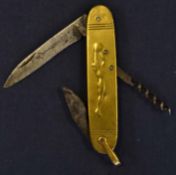 1930s Brass sporting penknife – the blade stamped “Arbalete” – c/w brass embossed panels featuring a