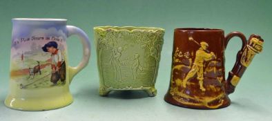 Vic small green jardinière with 3x different golfing scenes in relief – incl both lady and gentleman