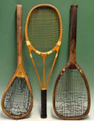 3x various interesting wooden rackets – to incl Hazells Streamline Blue Star racket (head slightly