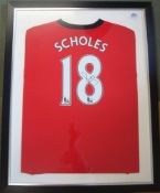 Paul Scholes Signed Framed Shirt: Red Shirt framed with Scholes 18 showing signed within the