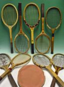 Collection of 9 various wooden tennis rackets to incl 2x with convex wedges an Oxonian and