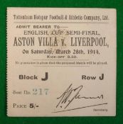 Rare 1913-14 F A Cup Semi-Final Ticket: Played at Tottenham Hotspur White Hart lane 28th March