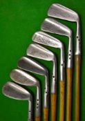 Composed set of 7x Maxwell irons to incl cleek, mid iron, jigger, mashie, “Baxspin” mashie, m/