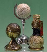 3x various early golf ball related items themes to incl Dunlop brass cold painted caddy bell c/w