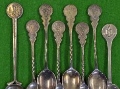 8x Silver golfing teaspoons to incl 6 x with cross golf club and golf ball finials embossed SHGC,