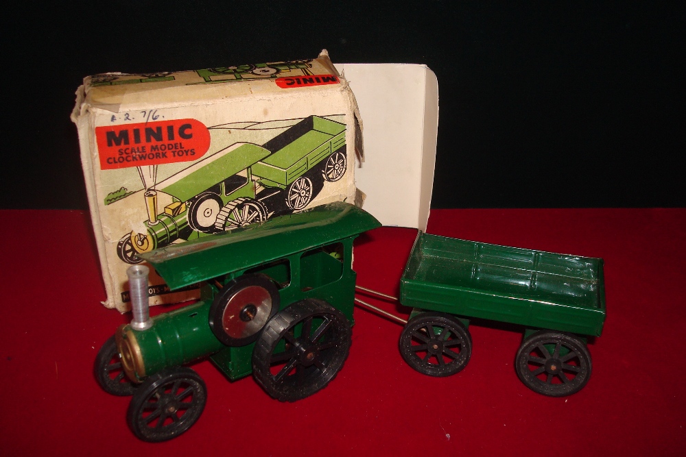 Triang Minic Tinplate Clockwork vehicles: Include Traction Engine and Trailer in green, overall