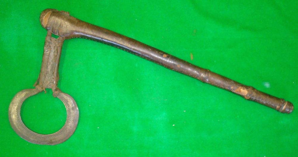 Central Africa Tribal Axe: Having a Leather covered Wooden handle and Metal Circular Blade Handle