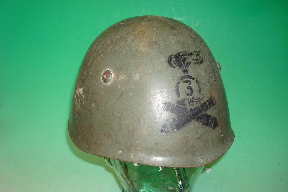 Pre WW2 Italian Combat Helmet: Complete with Liner and Chin Strap having painted stencil crossed