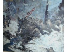 Russian Revolutionary Art oil on canvass showing the Russian Army attacking a Japanese position