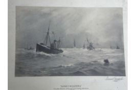 WWI – maritime a fine print of minesweepers, signed by the artist Maurice Randall (1865-1950),
