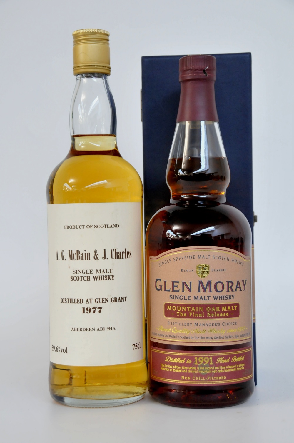 GLEN GRANT & GLEN MORAY
1 bottle Glen Grant 1977. Bottled late 1980s for A.G.McBain & J.Charles.