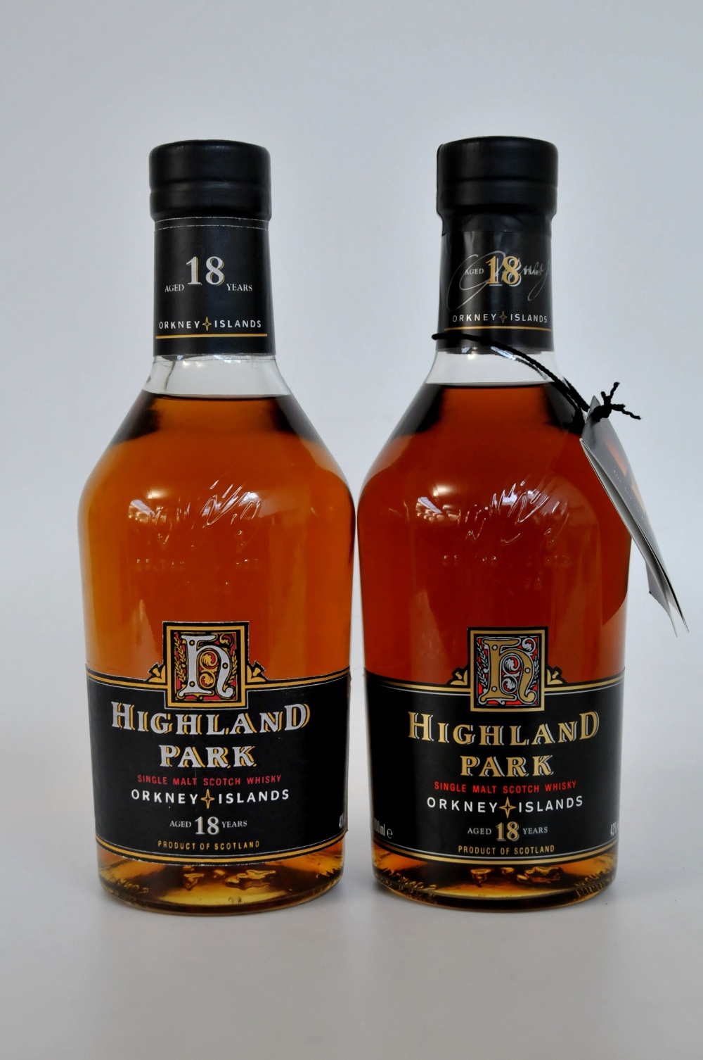 TWO HIGHLAND PARK 18YO
2 bottles Highland Park 18yo OB circa 1990s. 1 later edition with gold text