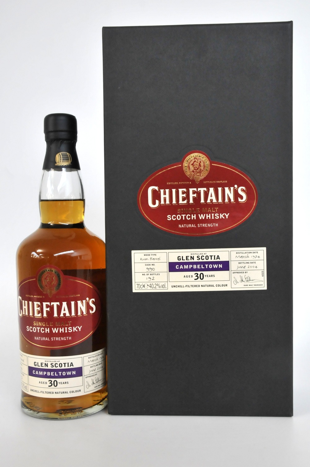 GLEN SCOTIA 1974
1 bottle Glen Scotia 1974-2004 30yo. Chieftain's Choice. Cask number 990. 192