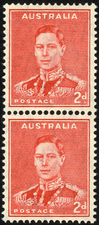 Australia 1941 2d scarlet unmounted mint vertical coil pair with large and small holes. SG 184a (£