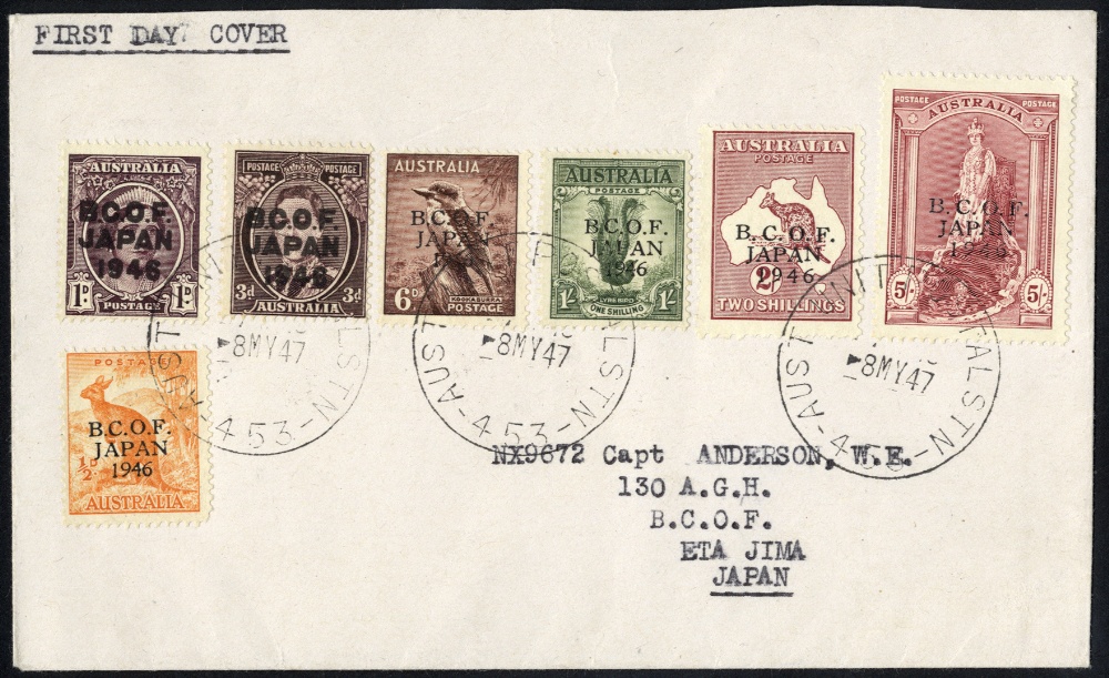 Australia B.C.O.F. 1947 8th May cover (first day of issue for the high values), locally used, `