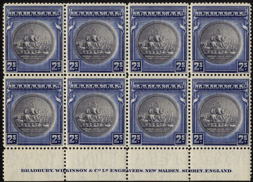 Bahamas 1931 2/- slate-purple and deep ultramarine, unmounted BW imprint block of eight. SG 131 (£