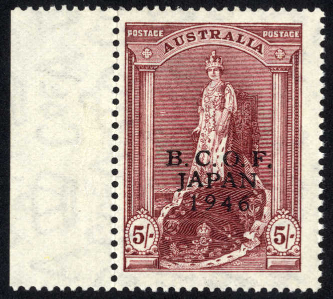 Australia B.C.O.F. 1947 5/- thin paper, left marginal (centred left) mint, showing raised first `A`.