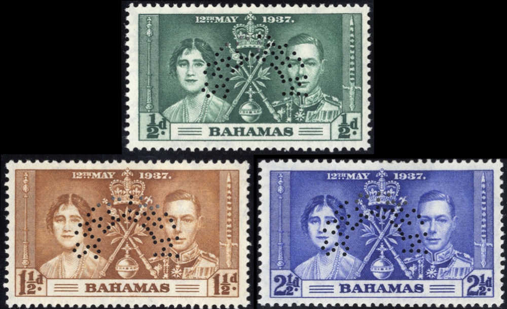 Bahamas 1937 Coronation set of three, perforated `SPECIMEN` Type D20, fine mint. SG 146s-148s (£