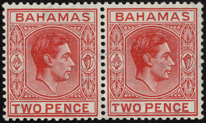 Bahamas 1941-8 2d scarlet unmounted mint pair, right stamp with R3/6 RP short `T`. SG 152ba (£140)/