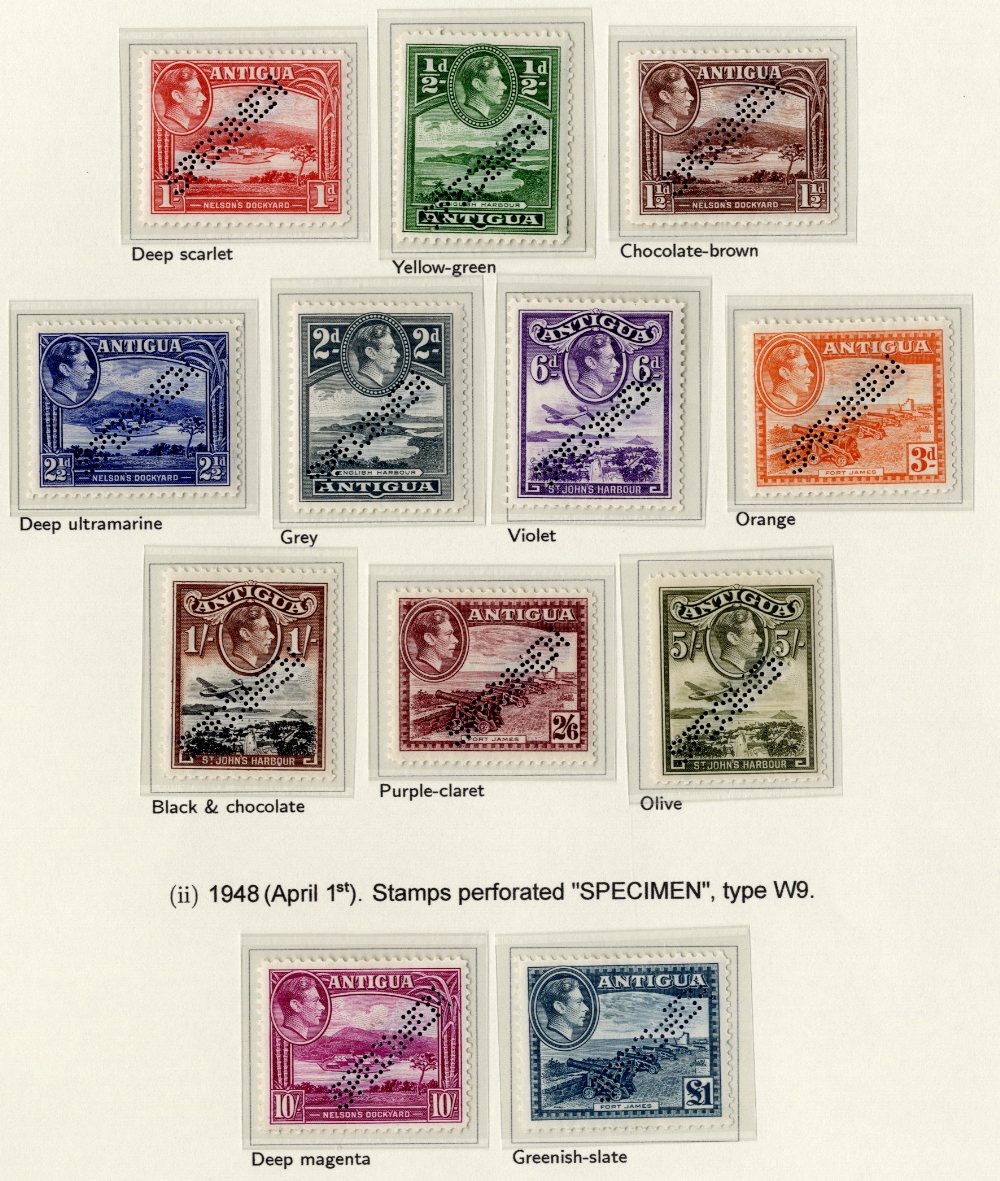 Antigua 1938-48 set of twelve, mint, perf`d `SPECIMEN` Type W8 or 9. A few with awkward mounting.