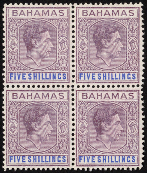 Bahamas 1942 5/- purple and blue unmounted mint block of four. SG 156b (£152)/CW 16b