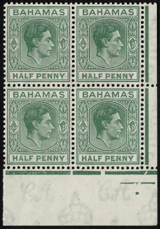 Bahamas 1942-6 ½d bluish green unmounted mint corner block of four, R9/6 LP elongated `E`. SG
