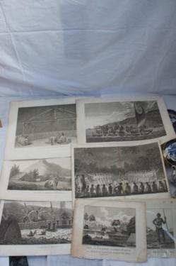 Collection of seven late 18thC engravings 1.) Canoe off the Sandwich Islands, the rowers, masked,