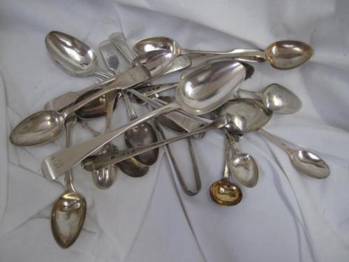 Collection of GIII and later silver spoons and a fork. Total weight 13.5 ozt.