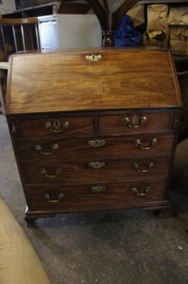 GIII mahogany fall-front bureau with fitted interior, original brass escutcheons and swan-neck