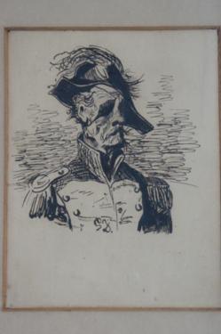 Gustave Dore (1832-1883) Baron Munchaushen, Pen and ink sketch, Signed initials, inscribed and label